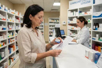 Femme comparant le prix des cartouches d'insuline dans une pharmacie espagnole