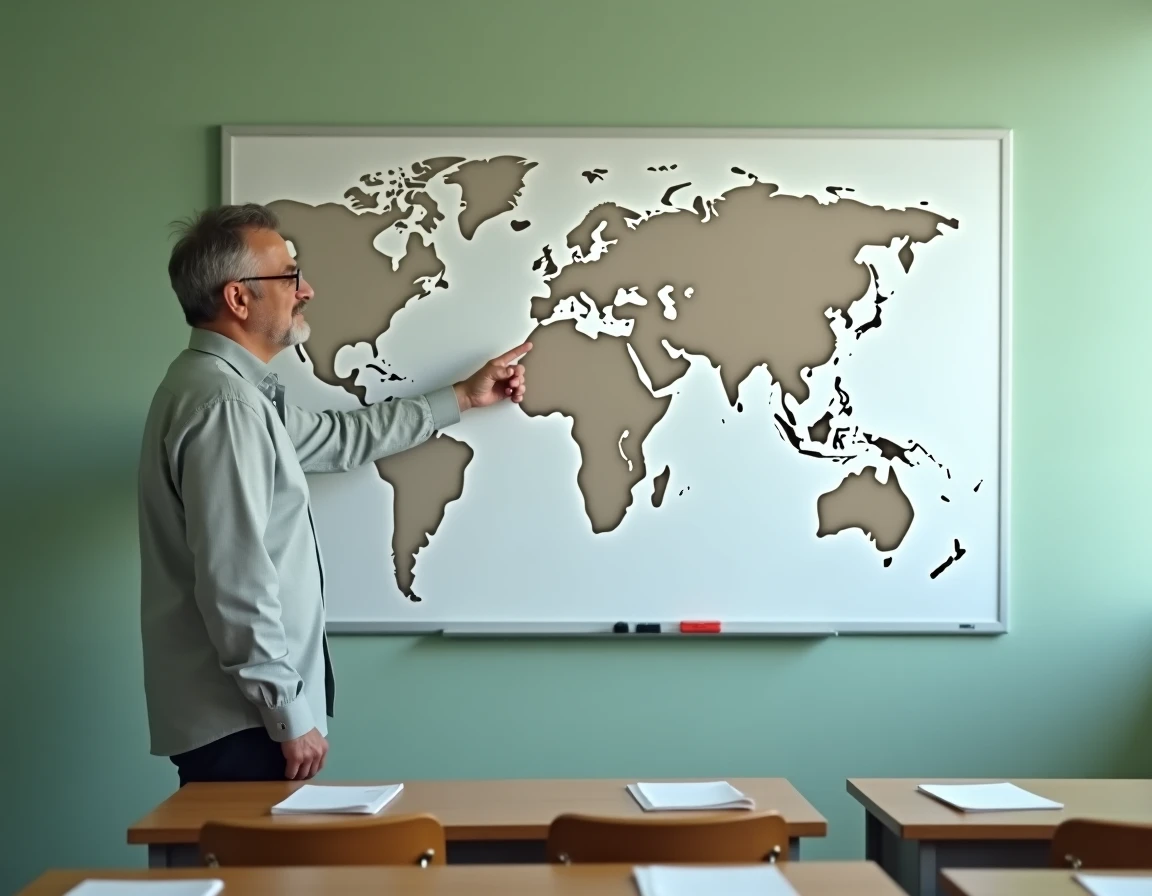 Professeur de géographie montrant une carte muette de l'Asie dans une salle de classe