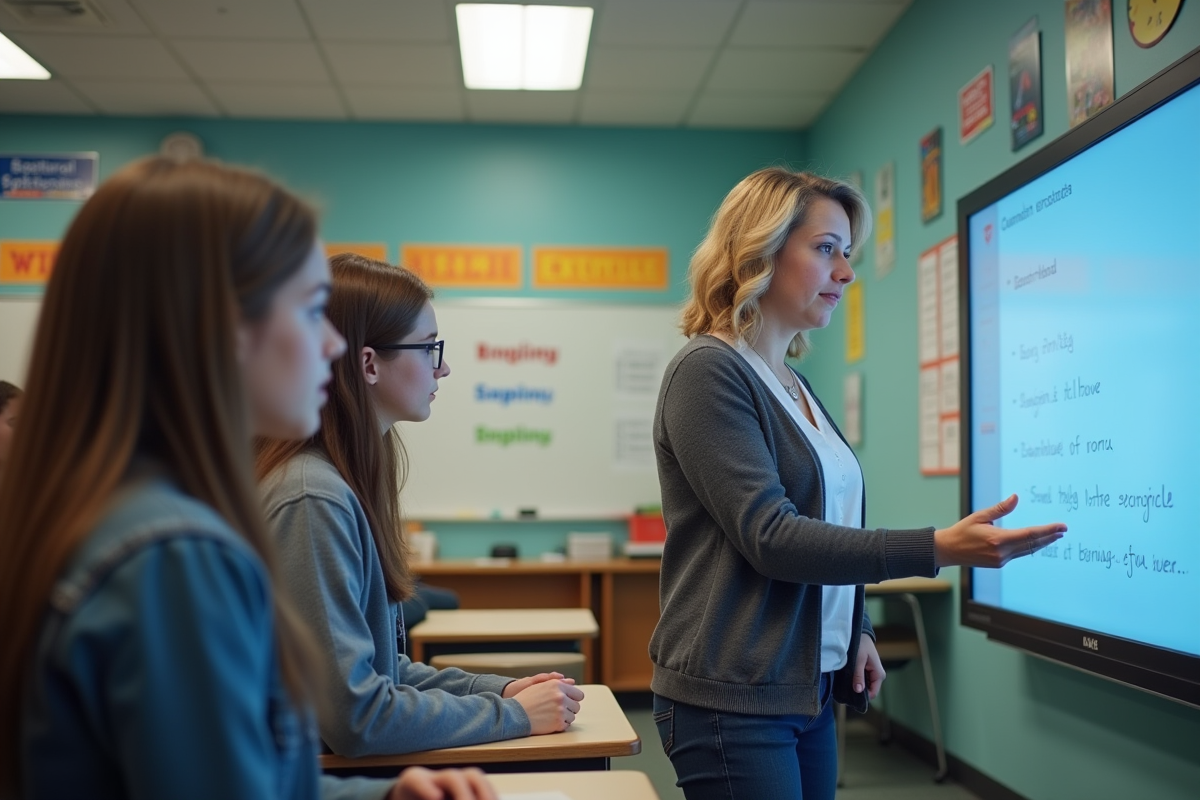 Professeure expliquant un logiciel éducatif aux élèves en classe