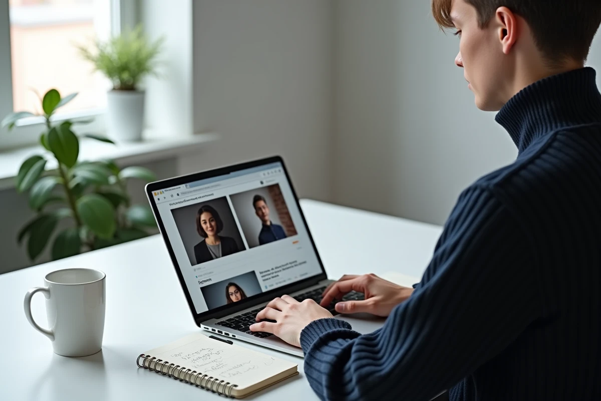 Vue plongeante d'une personne prenant des notes sur la construction d'une double identité professionnelle en ligne avec un ordinateur portable ouvert