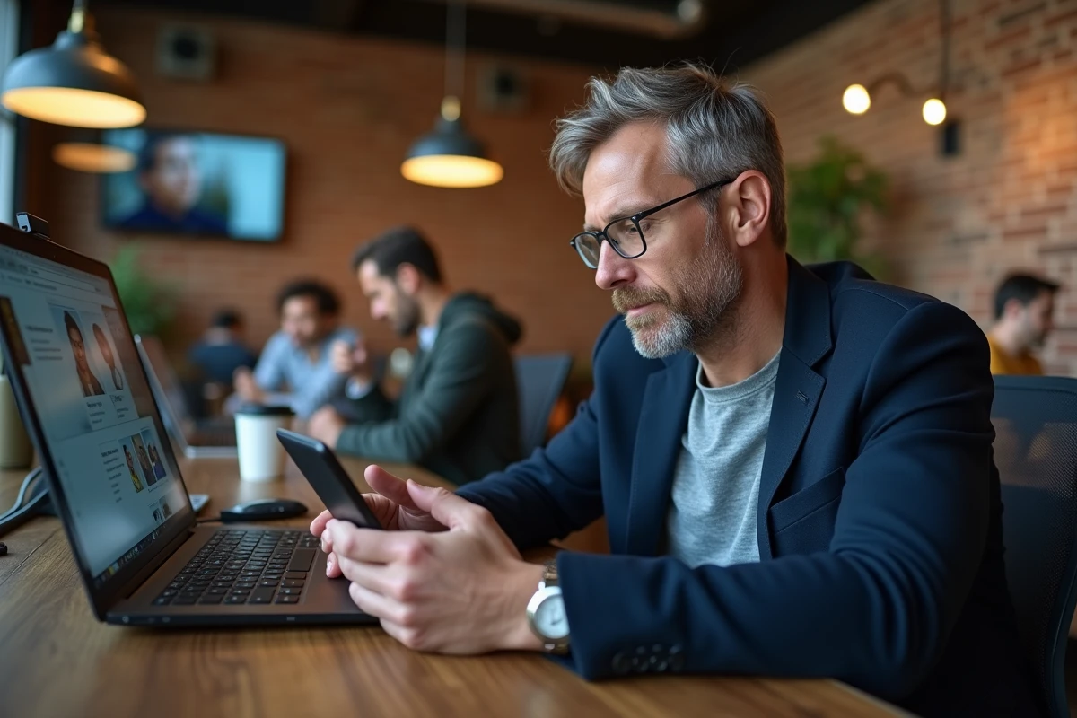 Homme en espace de coworking gérant discrètement plusieurs profils professionnels sur ses appareils numériques