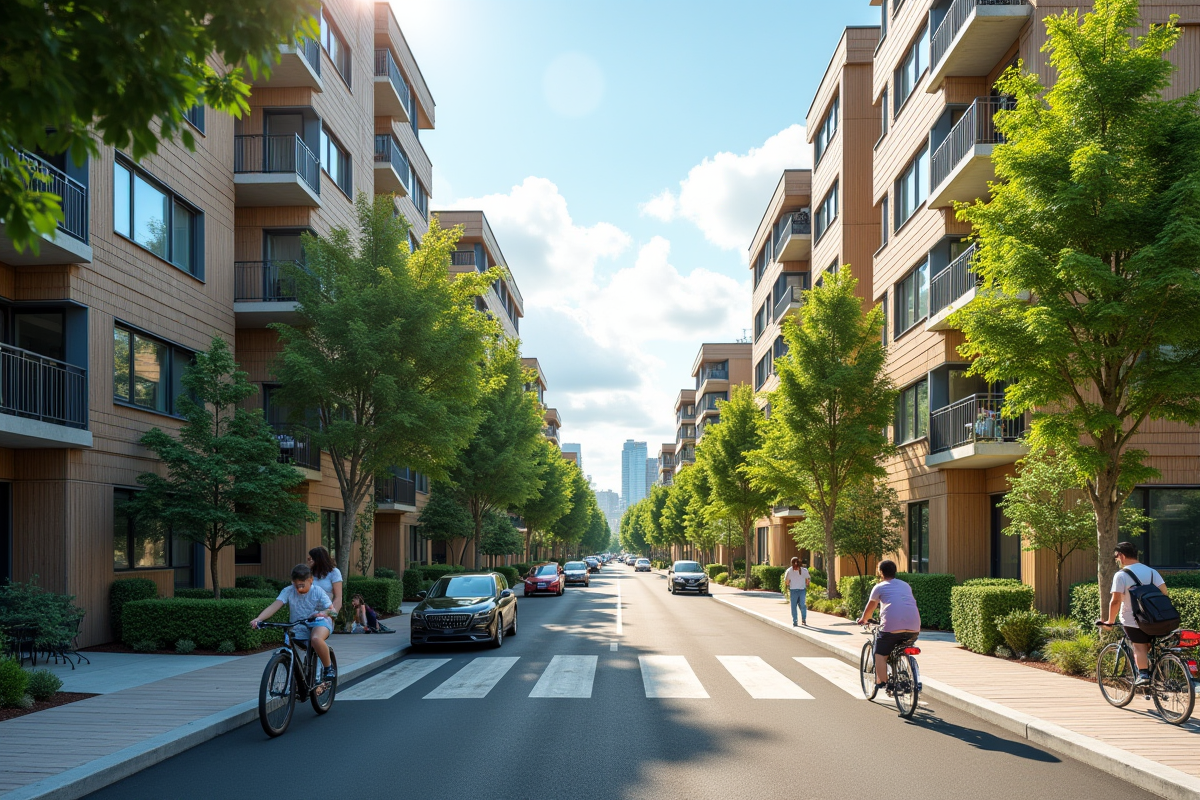 Quartier résidentiel avec immeubles et familles en plein air