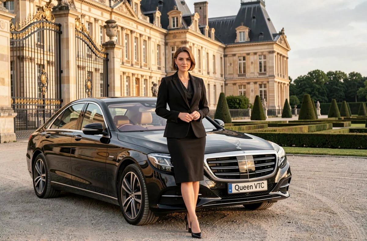 Chauffeuse de Queen VTC en tenue noire élégante devant une Mercedes Classe S noire à l'entrée d'un domaine châtelain à Versailles