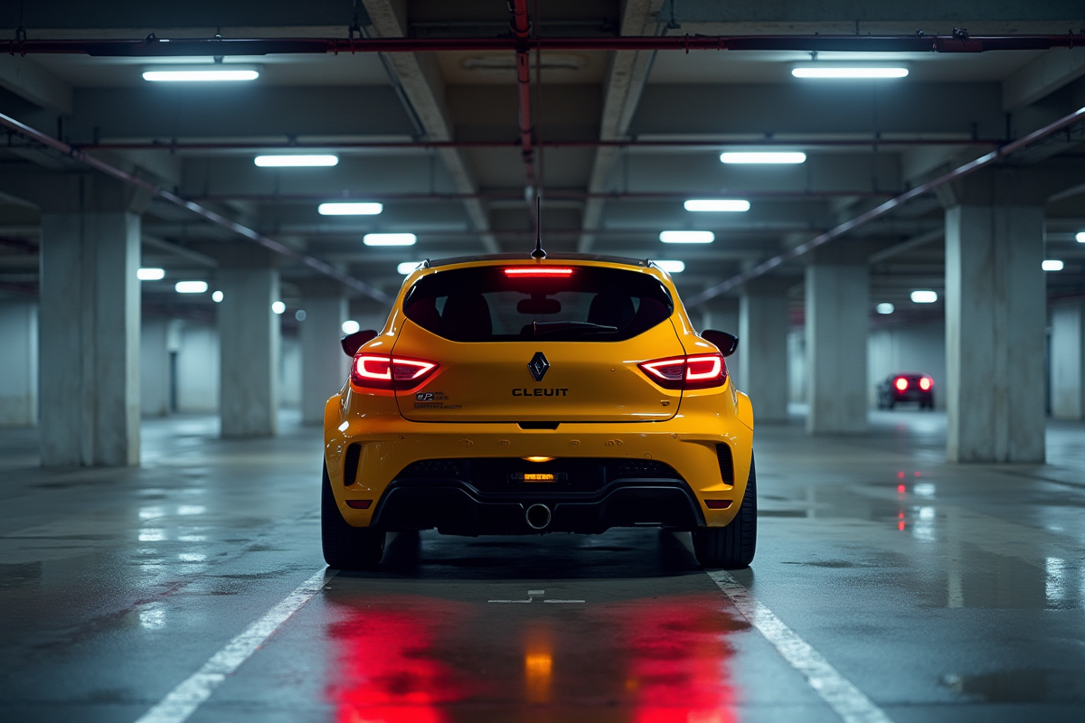 Renault Clio 2 V6 dans un parking urbain moderne