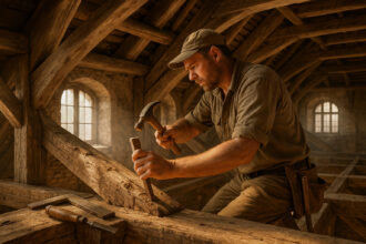 Artisan restaurateur travaillant sur un vieux toit en bois ancien