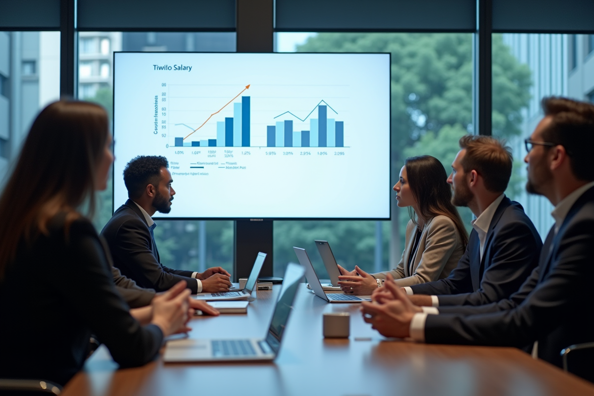 Groupe de professionnels discutant des graphiques de salaire en réunion