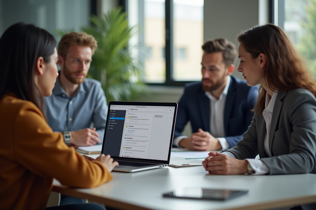 Groupe de professionnels discutant autour d une table avec email