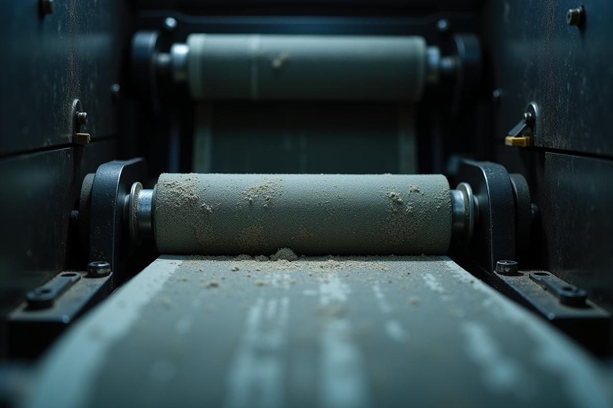 Rouleaux usés et poussière dans une imprimante industrielle