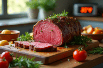 Rôti de boeuf de 800g tranché avec herbes et légumes