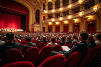 Salle de concert à Lyon avec rangées de sièges en velours rouge et scène ornée avant un spectacle en 2026
