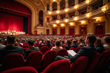 Salle de concert à Lyon avec rangées de sièges en velours rouge et scène ornée avant un spectacle en 2026