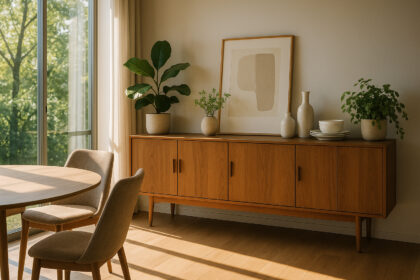 Salle à manger moderne lumineuse avec buffet en bois et plantes