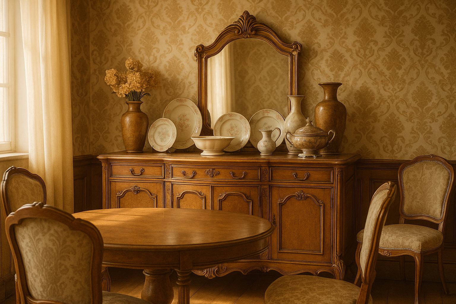 Salle à manger vintage avec buffet antique et décoration chaleureuse