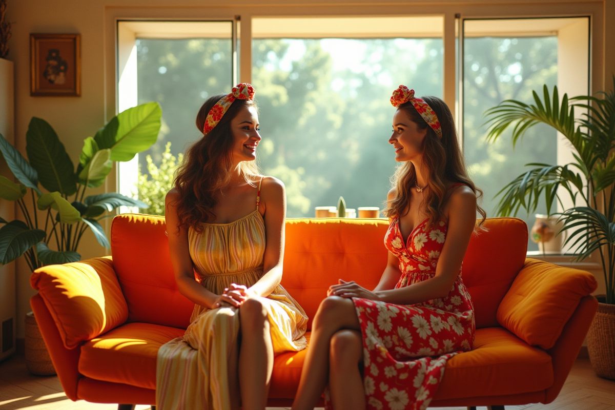 Deux femmes dans un salon vintage style années 70 avec décoration colorée