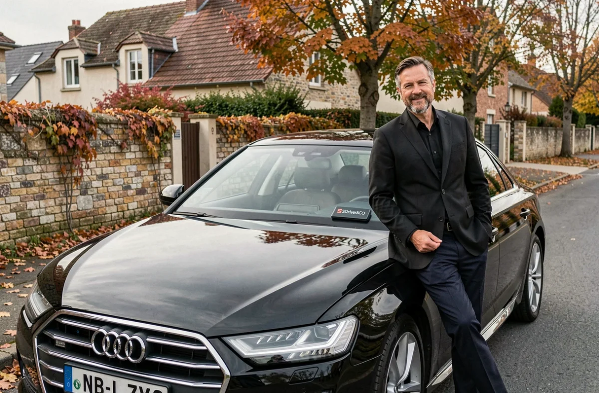 Chauffeur S.Driver&CO appuyé contre une Audi A6 noire sur une rue résidentielle des Yvelines bordée de murs en pierre et de feuillage automnal