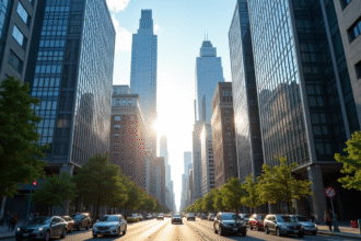 Silhouette d'une ville moderne avec gratte-ciel et rues animées