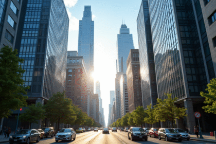 Silhouette d'une ville moderne avec gratte-ciel et rues animées