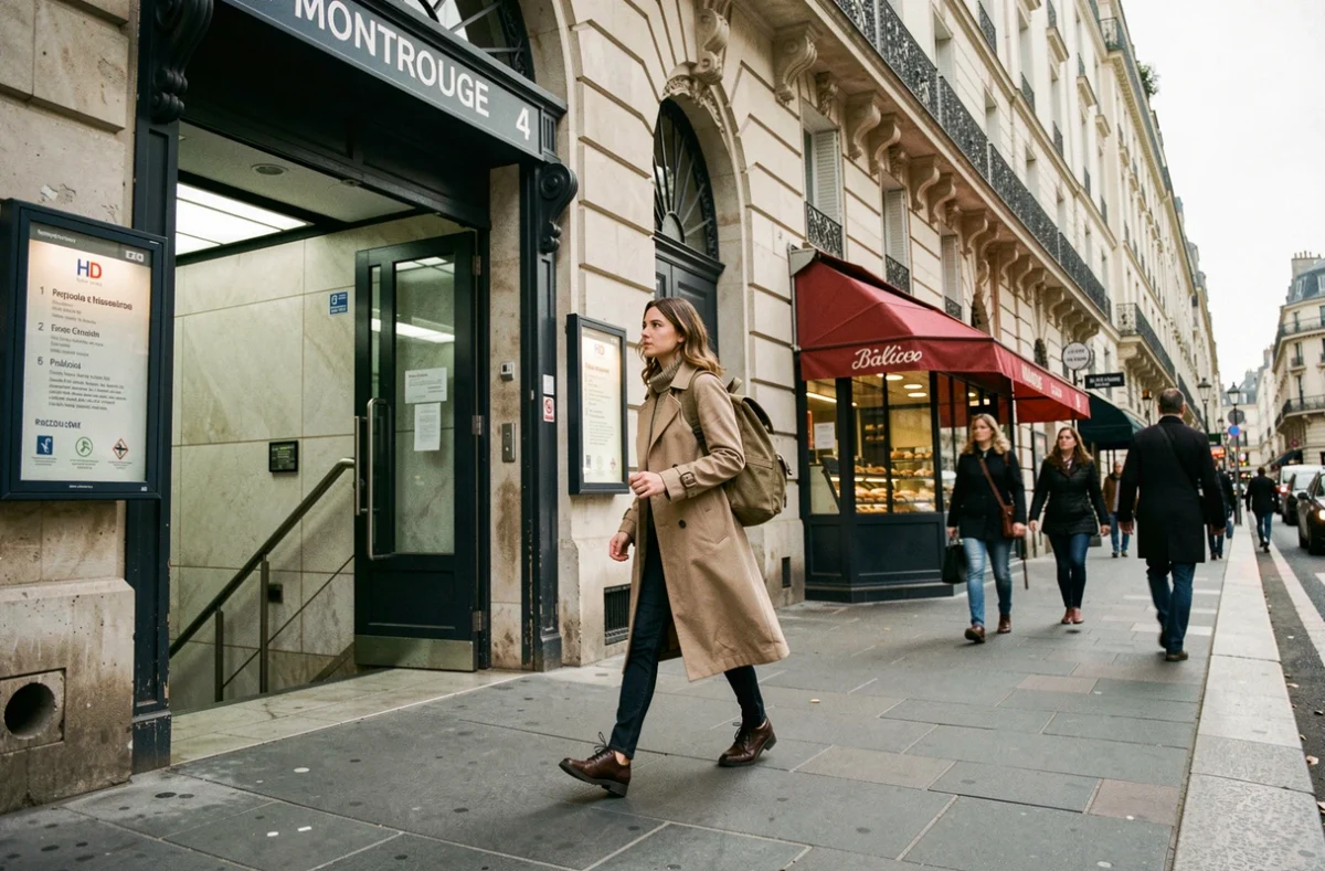 Jeune professionnelle sortant de la station Montrouge de la ligne 4 du métro parisien, scène de rue matinale typique du quotidien urbain