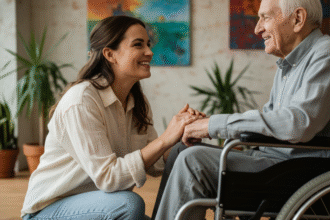 Femme aidant un homme en fauteuil dans un centre chaleureux