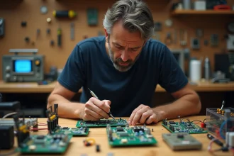 Passionné d'électronique adulte soudant un circuit imprimé sur un établi d'atelier organisé avec composants électroniques