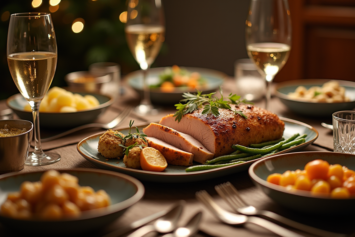 Table de fête avec plats français et magret de canard