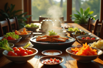 Table conviviale avec pierrade et légumes frais
