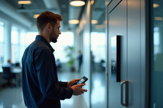 Technicien travaillant sur un panneau de contrôle d'accès moderne