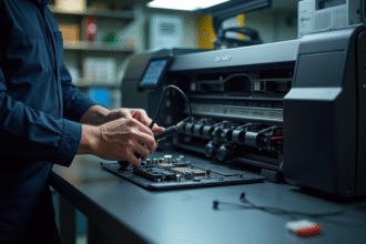 Technicien inspectant une imprimante grand format en cours de réparation