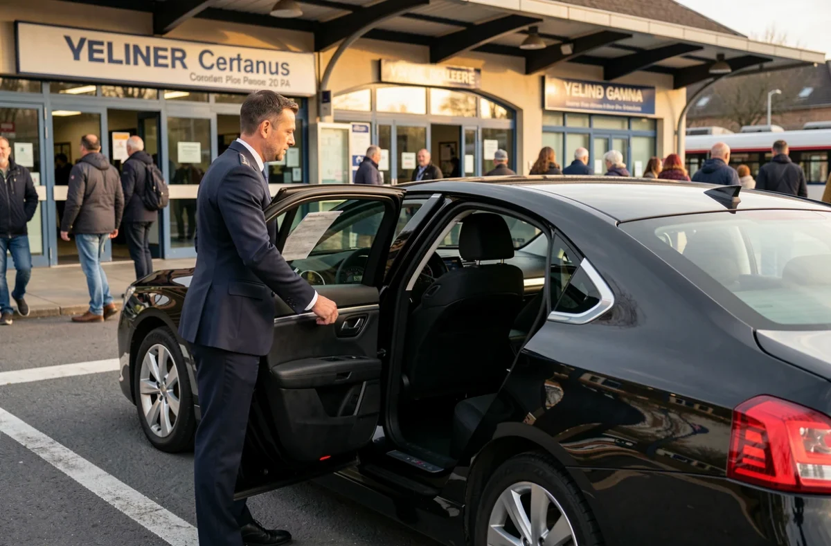 Chauffeur TESCAB en costume marine ouvrant la portière d'une Peugeot 508 noire devant une gare des Yvelines