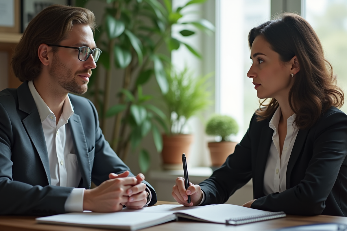 Thérapeute attentif écoutant un client dans une salle moderne