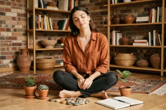 Jeune femme née en 1998 méditant entourée d'objets naturels symbolisant le Tigre de Terre en astrologie chinoise