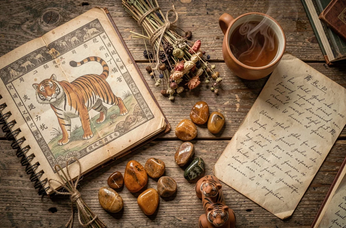 Composition flat lay d'objets symboliques de l'astrologie chinoise représentant le Tigre de Terre né en 1998