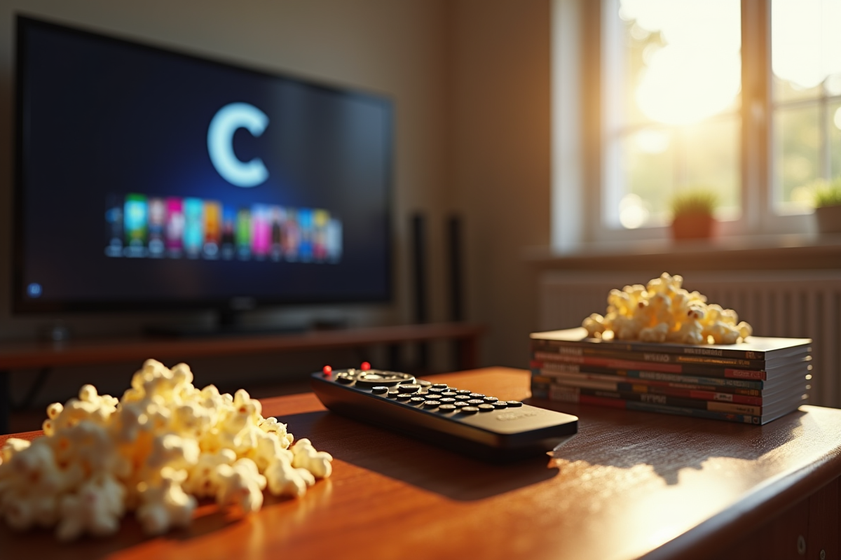 Télécommande avec personnages TV commençant par C sur table