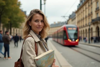 Touriste tenant un plan du tramway de Bordeaux devant la Place de la Bourse