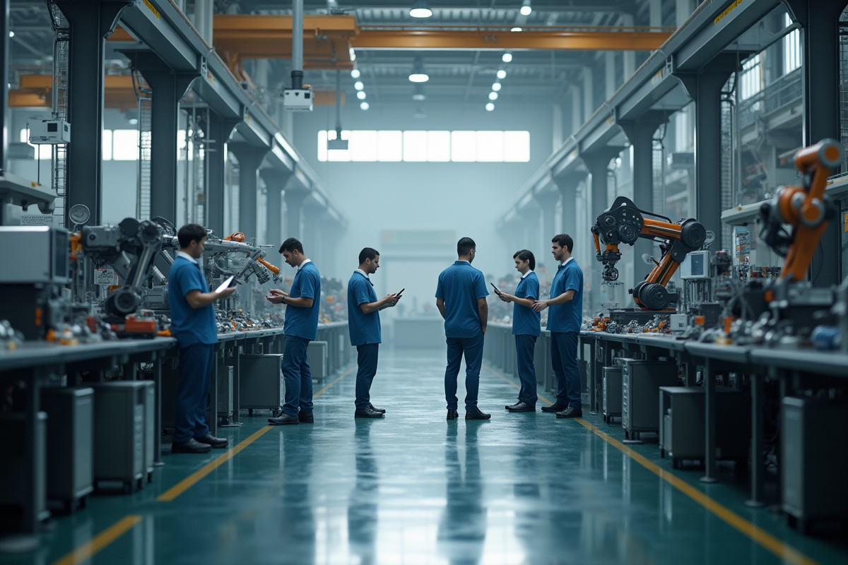 Usine avec robots et ouvriers utilisant des tablettes