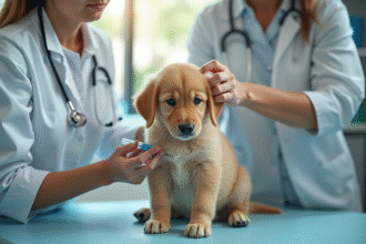 Vétérinaire administrant un vaccin à un chiot golden retriever