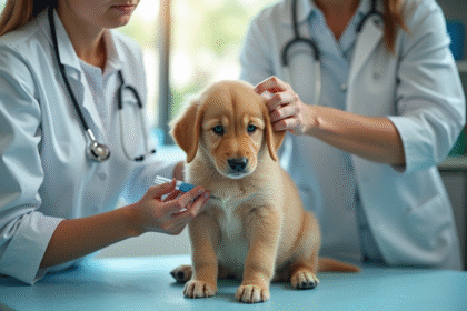 Vétérinaire administrant un vaccin à un chiot golden retriever