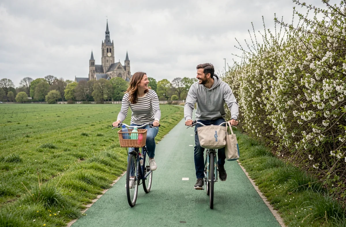 Deux amis faisant du vélo sur une voie verte aux abords de Poitiers avec les clochers médiévaux visibles en arrière-plan