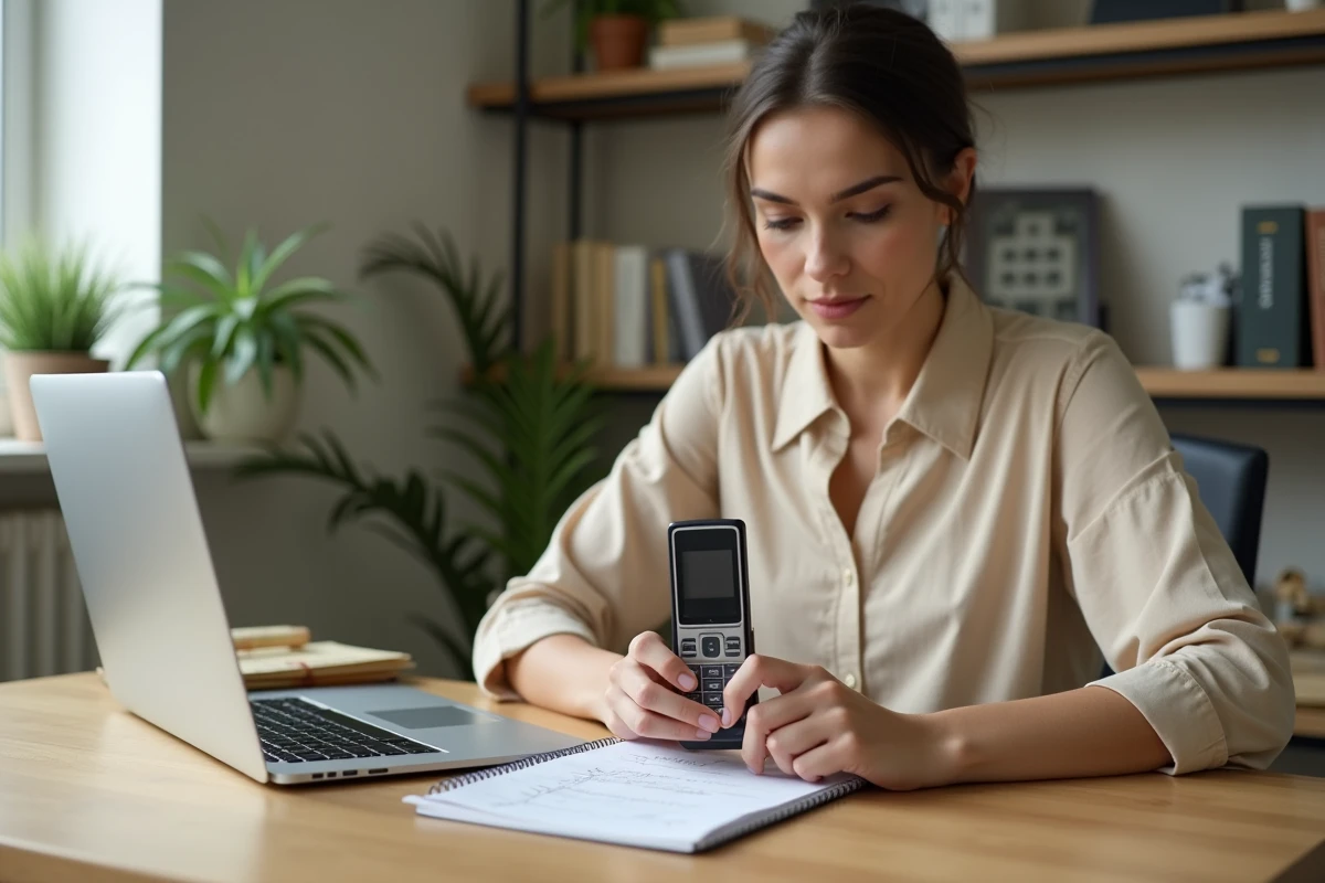 Femme vérifiant les défauts d'un Sony Ericsson d'occasion avec une checklist avant achat