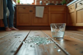 Femme regardant un verre blanc cassé sur le sol en bois d'une cuisine rustique, présage de bonne fortune selon la tradition