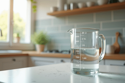 Verre mesureur d'eau sur plan de travail cuisine avec marques 200 ml et 1 litre