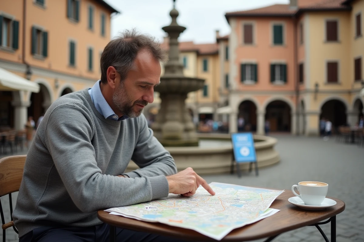 Voyageur consultant une carte papier en terrasse de café pour localiser des toilettes publiques ouvertes en ville