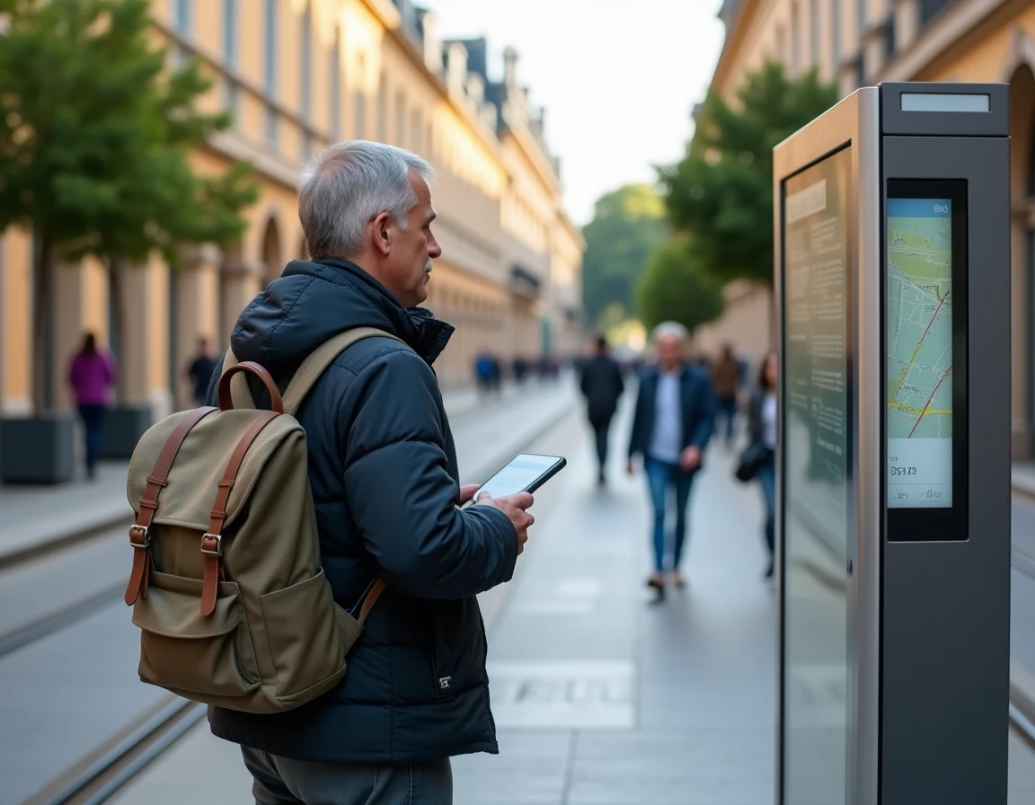 Voyageur consultant le plan du réseau de tramway de Bordeaux près du Grand Théâtre