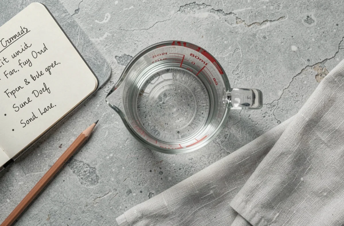 Vue aérienne d'un verre doseur avec 80 ml de liquide entouré de notes de conversion sur fond de pierre grise