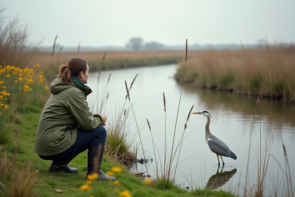 Femme observant la nature dans une zone humide normande avec roselières et iris jaunes au printemps